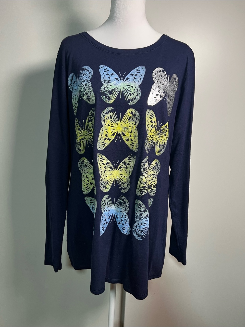 Hanes Navy Long-Sleeve Tee with Blue and Yellow Butterfly Print